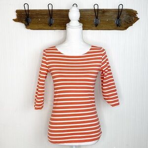 Saint James Striped Pullover Top Elbow Length Sleeves Orange White